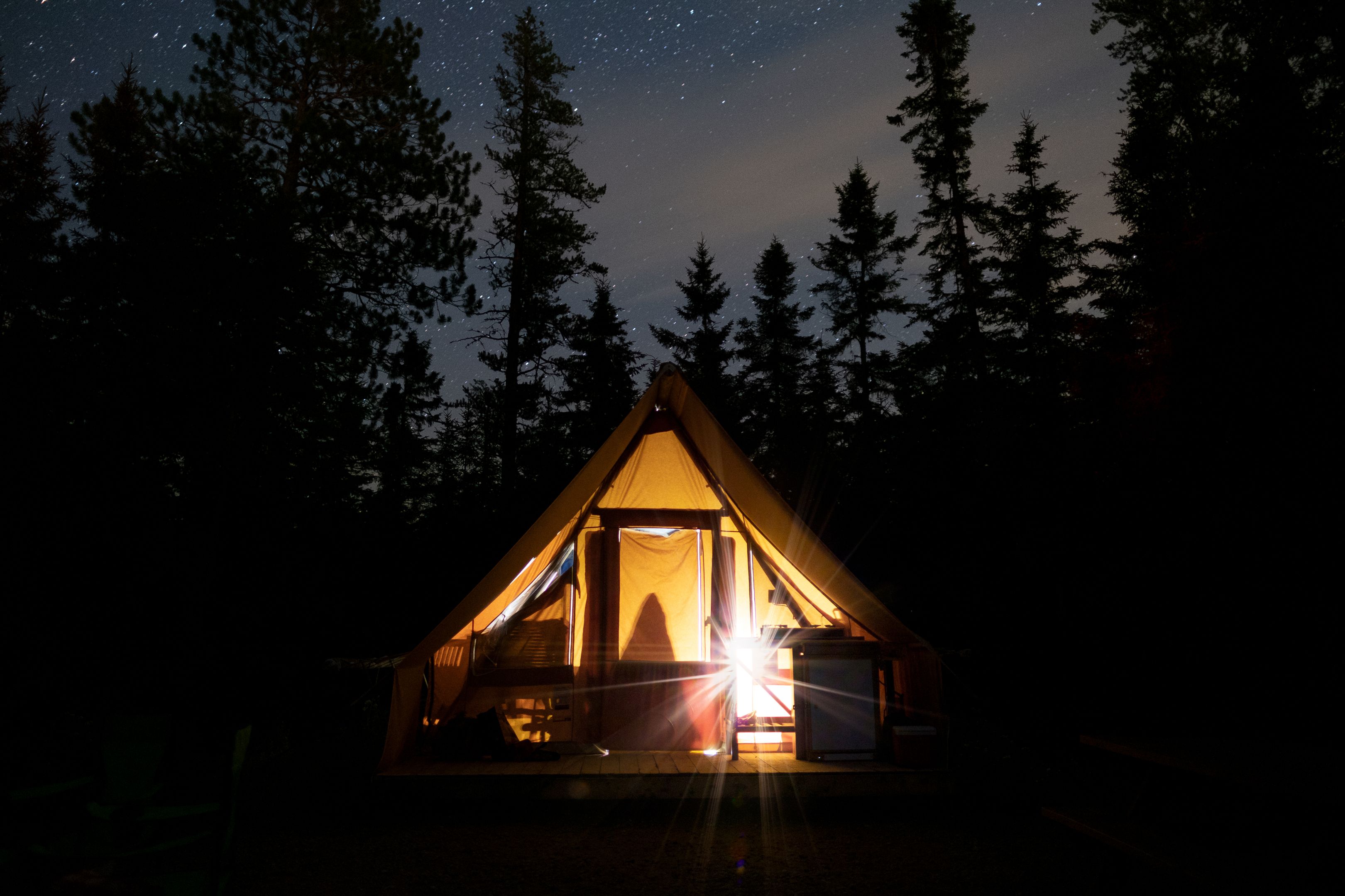Glowing tent under a starry sky in a dark forest